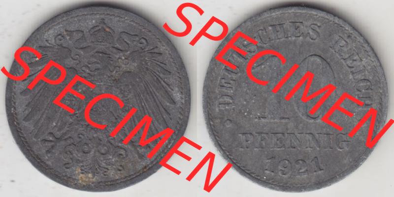 Weimarer Republik Umlaufmünze 1917-1922, 10 Pfennig Reichsadler, Keine Prägestätte 1921 II, Münzen Vollansicht Horizontal zum Download Sammlung