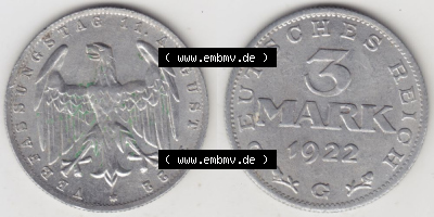 Weimarer Republik Umlaufmünze 1922-1923, 3 Mark G, 1923 Verfassungstag 11. August 1922, Münzen Vollansicht Horizontal zum Download Sammlung