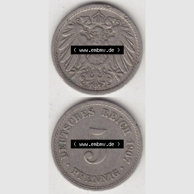 Deutsches Kaiserreich Umlaufmünze 1890-1915, 5 Pfennig A, 1907 I., Münzen Vollansicht Vertikal zum Download Sammlung