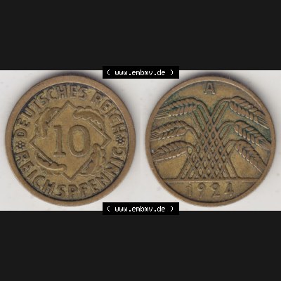Weimarer Republik Umlaufmünze 1924-1936, 10 Reichspfennig A, 1924, Münzen Vollansicht Horizontal zum Download Sammlung