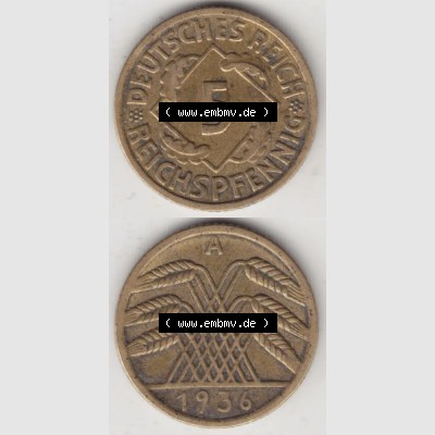 Deutsches Reich Umlaufmünze 1924-1936, 5 Reichspfennig A, 1936, Münzen Vollansicht Vertikal zum Download für Mobile-Geräte Sammlung