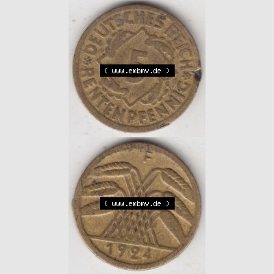 Weimarer Republik Umlaufmünze 1924-1936, 5 Reichspfennig F, 1924 I, Münzen Vollansicht Vertikal zum Download Sammlung