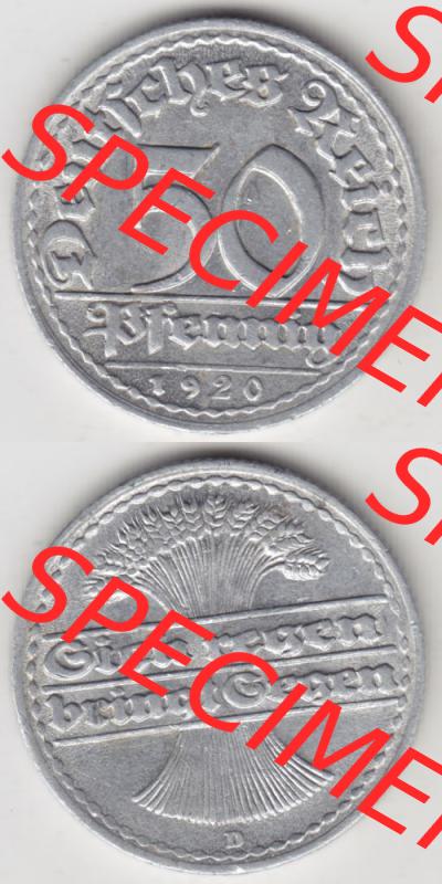 Weimarer Republik Umlaufmünze 1919-1922, 50 Pfennig D, 1920 Sich Regen Bringt Segen, Münzen Vollansicht Vertikal zum Download für Mobile-Geräte Sammlung