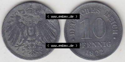Weimarer Republik Umlaufmünze 1917-1922, 10 Pfennig 1922, Münzen Vollansicht Horizontal zum Download Sammlung
