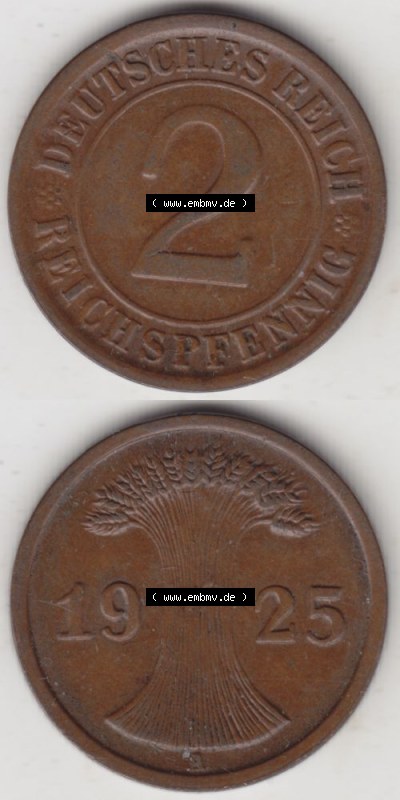 Weimarer Republik Umlaufmünze 1924-1936, 2 Reichspfennig A, 1925, Münzen Vollansicht Vertikal zum Download Sammlung