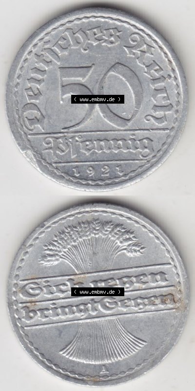 Weimarer Republik Umlaufmünze 1919-1922, 50 Pfennig A, 1921, Münzen Vollansicht Vertikal zum Download für Mobile-Geräte Sammlung