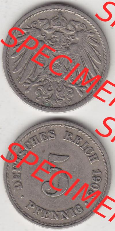 Deutsches Kaiserreich Umlaufmünze 1890-1915, 5 Pfennig A, 1908 II, Münzen Vollansicht Vertikal zum Download Sammlung