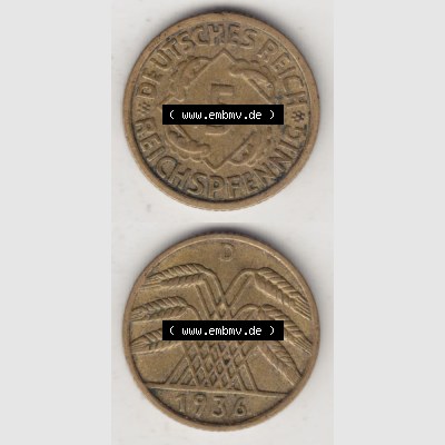 Deutsches Reich Umlaufmünze 1924-1936, 5 Reichspfennig D, 1936, Münzen Vollansicht Vertikal zum Download für Mobile-Geräte Sammlung