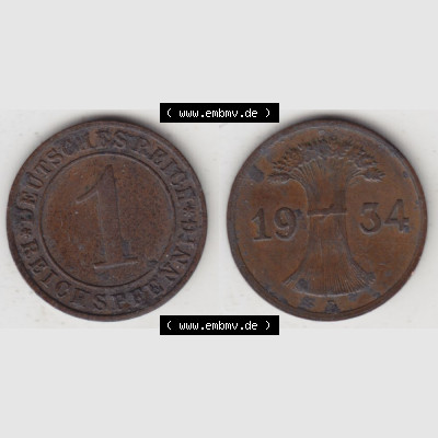 Deutsches Reich Umlaufmünze 1924-1936, 1 Reichspfennig E, 1934, Münzen Vollansicht Horizontal zum Download Sammlung