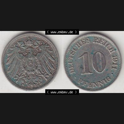 Deutsches Kaiserreich Umlaufmünze 1890-1916, 10 Pfennig A, 1911, Münzen Vollansicht Horizontal zum Download Sammlung
