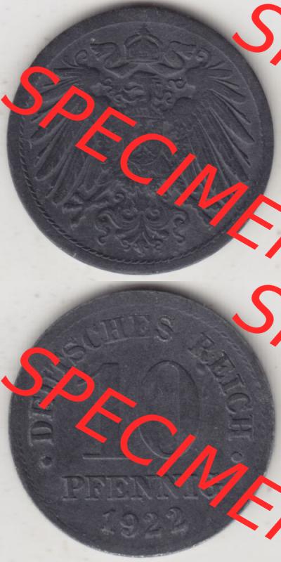 Weimarer Republik Umlaufmünze 1917-1922, 10 Pfennig kein Mzz. 1922, Münzen Vollansicht Vertikal zum Download Sammlung