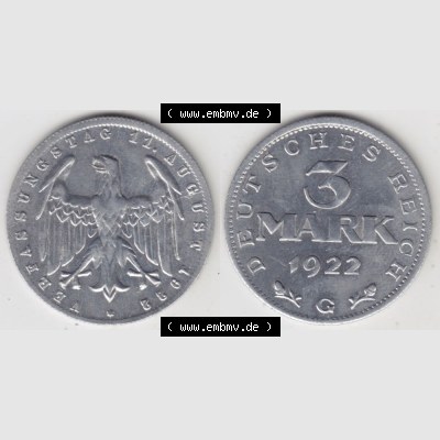 Weimarer Republik Umlaufmünze 1922-1923, 3 Mark G Verfassungstag 11. August 1922, Münzen Vollansicht Horizontal zum Download Sammlung