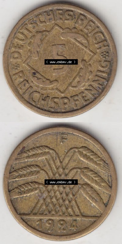 Weimarer Republik Umlaufmünze 1924-1936, 5 Reichspfennig F, 1924 II, Münzen Vollansicht Vertikal zum Download Sammlung