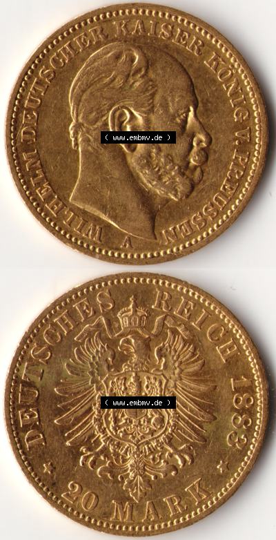 Goldmünze Kaiserreich 1874-1888, 20 Mark Wilhelm I., Münzen Vollansicht Vertikal zum Download Sammlung