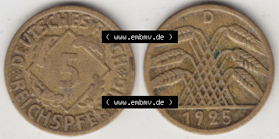 Weimarer Republik Umlaufmünze 1924-1936, 5 Reichspfennig D, 1925, Münzen Vollansicht Horizontal zum Download Sammlung
