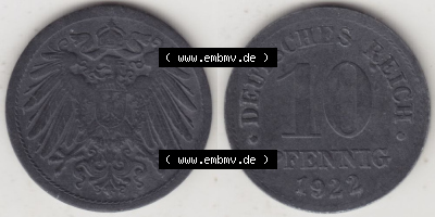 Weimarer Republik Umlaufmünze 1917-1922, 10 Pfennig kein Mzz. 1922, Münzen Vollansicht Horizontal zum Download Sammlung