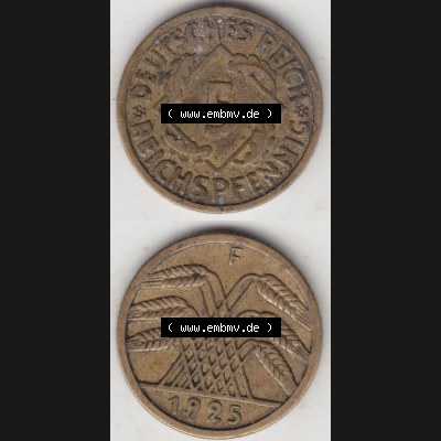 Weimarer Republik Umlaufmünze 1924-1936, 5 Reichspfennig F, 1925, Münzen Vollansicht Vertikal zum Download Sammlung