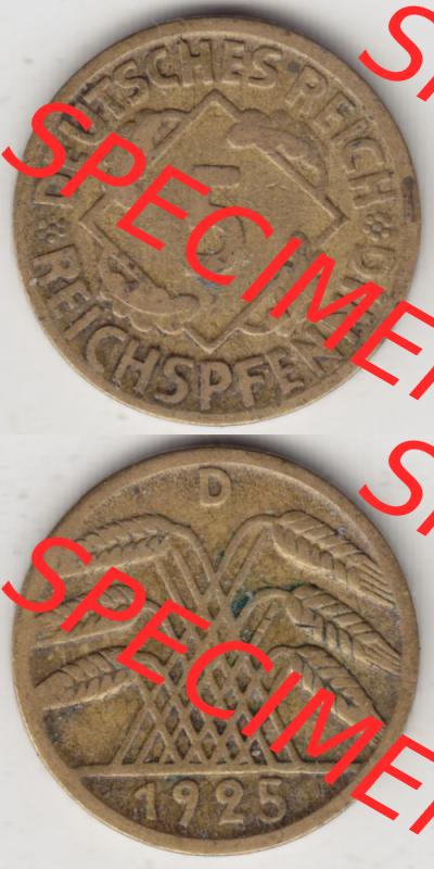 Weimarer Republik Umlaufmünze 1924-1936, 5 Reichspfennig D, 1925, Münzen Vollansicht Vertikal zum Download Sammlung