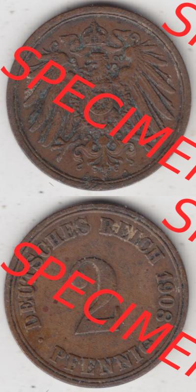 Deutsches Kaiserreich Umlaufmünze 1904-1916, 2 Pfennig A, 1908 I., Münzen Vollansicht Vertikal zum Download Sammlung