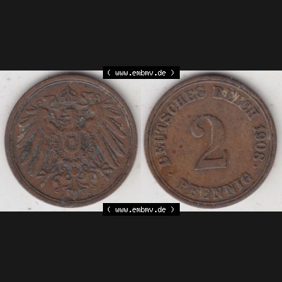 Deutsches Kaiserreich Umlaufmünze 1904-1916, 2 Pfennig A, 1908 I., Münzen Vollansicht Horizontal zum Download Sammlung