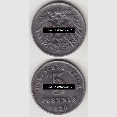 Weimarer Republik Umlaufmünze 1915-1922, 5 Pfennig D, 1920, Münzen Vollansicht Vertikal zum Download Sammlung