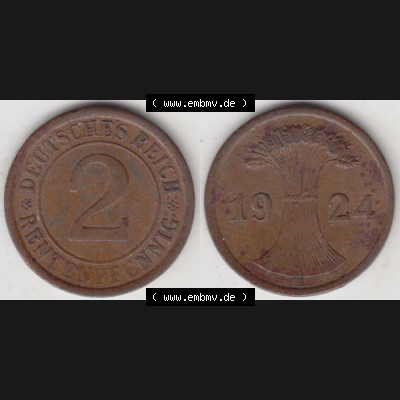 Weimarer Republik Umlaufmünze 1923-1936, 2 Reichspfennig A, 1924, Münzen Vollansicht Horizontal zum Download Sammlung