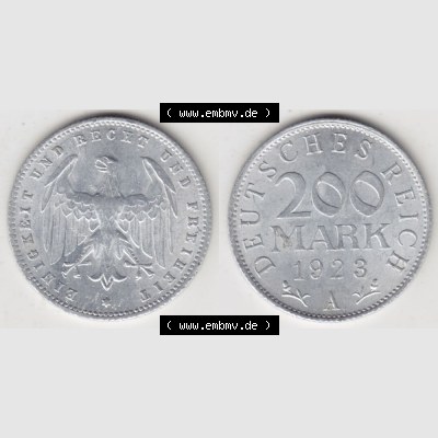 Weimarer Republik Umlaufmünze 1923-1923, 200 Mark A, 1923 I., Münzen Vollansicht Horizontal zum Download Sammlung