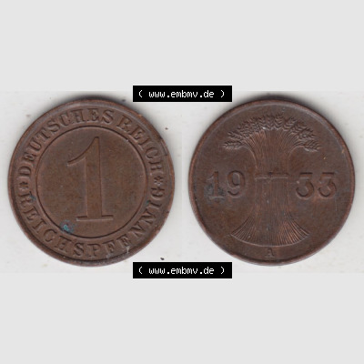 Deutsches Reich Umlaufmünze 1924-1936, 1 Reichspfennig A, 1933 I, Münzen Vollansicht Horizontal zum Download Sammlung