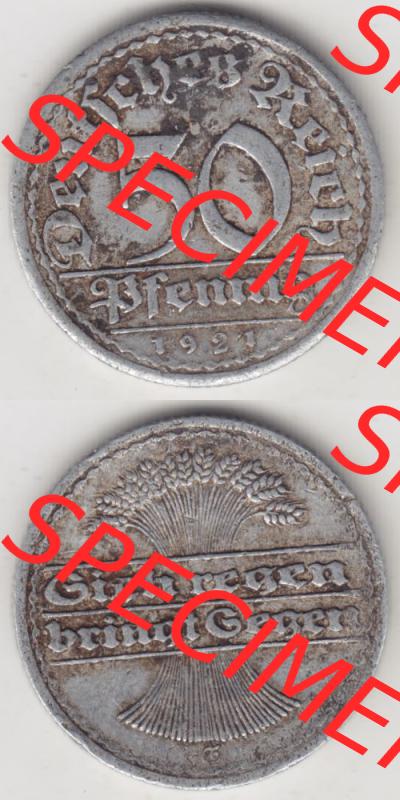 Weimarer Republik Umlaufmünze 1919-1922, 50 Pfennig F, 1921 Sich Regen Bringt Segen, Münzen Vollansicht Vertikal zum Download für Mobile-Geräte Sammlung