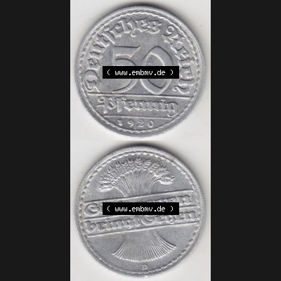 Weimarer Republik Umlaufmünze 1919-1922, 50 Pfennig D, 1920 Sich Regen Bringt Segen, Münzen Vollansicht Vertikal zum Download für Mobile-Geräte Sammlung