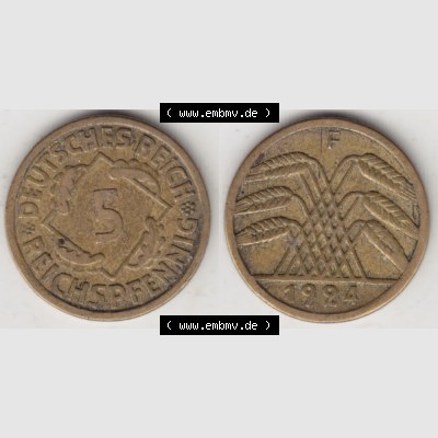 Weimarer Republik Umlaufmünze 1924-1936, 5 Reichspfennig F, 1924 II, Münzen Vollansicht Horizontal zum Download Sammlung