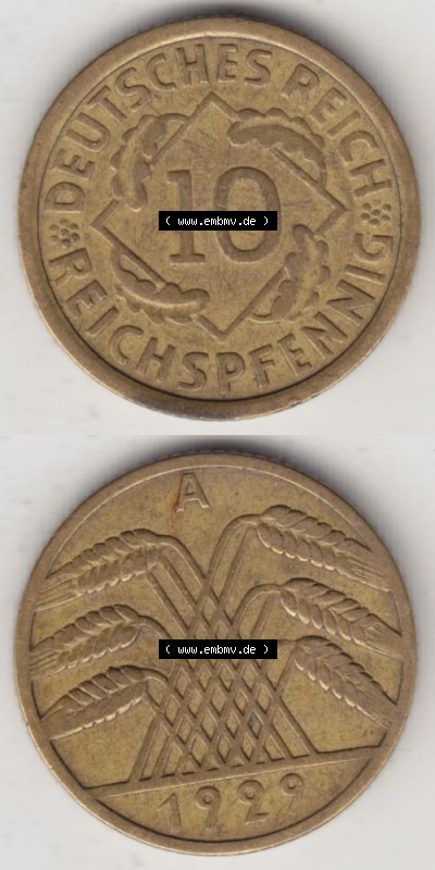 Weimarer Republik Umlaufmünze 1924-1936, 10 Reichspfennig A, 1929, Münzen Vollansicht Vertikal zum Download Sammlung