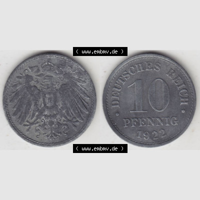 Weimarer Republik Umlaufmünze 1917-1922, 10 Pfennig 1922, Münzen Vollansicht Horizontal zum Download Sammlung