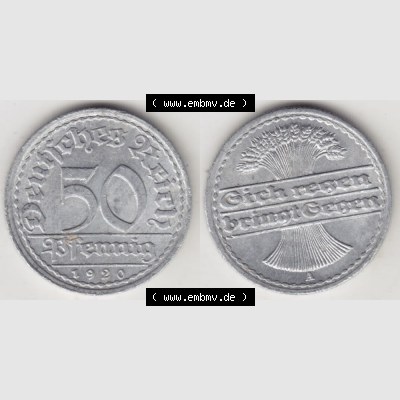 Weimarer Republik Umlaufmünze 1919-1922, 50 Pfennig A, 1920 Sich Regen Bringt Segen, Münzen Vollansicht Horizontal zum Download Sammlung