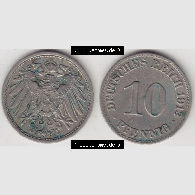 Deutsches Kaiserreich Umlaufmünze 1890-1916, 10 Pfennig A, 1913 I., Münzen Vollansicht Horizontal zum Download Sammlung