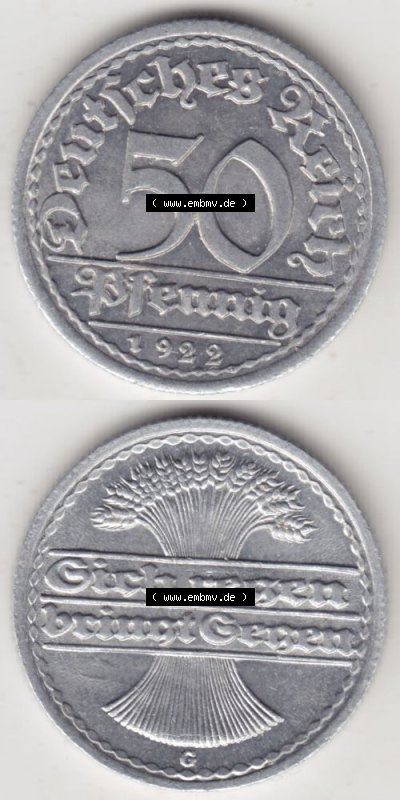 Weimarer Republik Umlaufmünze 1919-1922, 50 Pfennig G, 1922 Sich Regen Bringt Segen III, Münzen Vollansicht Vertikal zum Download... Sammlung