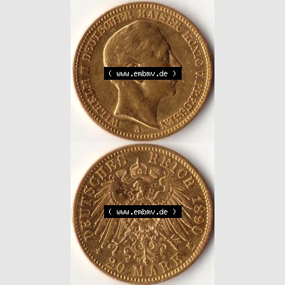 Goldmünze Kaiserreich 1890-1913, 20 Mark Wilhelm II., Münzen Vollansicht Vertikal zum Download Sammlung