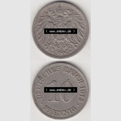 Deutsches Kaiserreich Umlaufmünze 1890-1916, 10 Pfennig A, 1913 II, Münzen Vollansicht Vertikal zum Download Sammlung