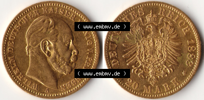 Goldmünze Kaiserreich 1874-1888, 20 Mark Wilhelm I., Münzen Vollansicht Horizontal zum Download Sammlung