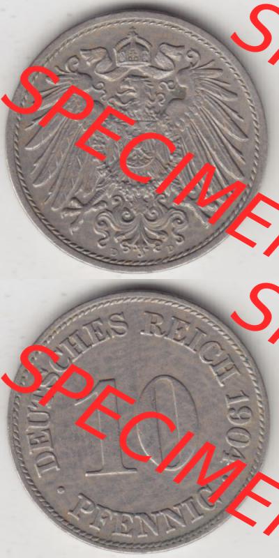 Deutsches Kaiserreich Umlaufmünze 1890-1916, 10 Pfennig D, 1904, Münzen Vollansicht Vertikal zum Download Sammlung