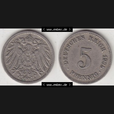 Deutsches Kaiserreich Umlaufmünze 1890-1915, 5 Pfennig A, 1908 II, Münzen Vollansicht Horizontal zum Download Sammlung