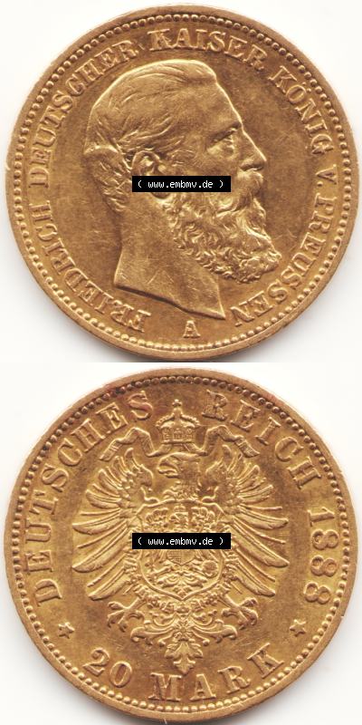 Goldmünze Kaiserreich 1888-1888, 20 Mark Friedrich III., Münzen Vollansicht Vertikal zum Download Sammlung