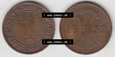 Weimarer Republik Umlaufmünze 1924-1936, 1 Reichspfennig A, 1932, Münzen Vollansicht Horizontal zum Download Sammlung