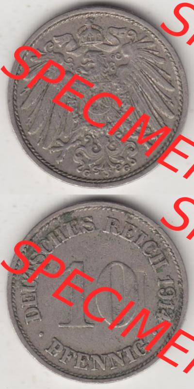 Deutsches Kaiserreich Umlaufmünze 1890-1916, 10 Pfennig G, 1914, Münzen Vollansicht Vertikal zum Download Sammlung