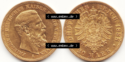 Goldmünze Kaiserreich 1888-1888, 20 Mark Friedrich III., Münzen Vollansicht Horizontal zum Download Sammlung