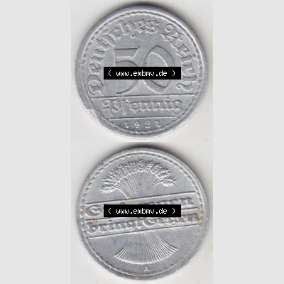 Weimarer Republik Umlaufmünze 1919-1922, 50 Pfennig A, 1921, Münzen Vollansicht Vertikal zum Download für Mobile-Geräte Sammlung
