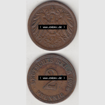 Deutsches Kaiserreich Umlaufmünze 1904-1916, 2 Pfennig A, 1908 II, Münzen Vollansicht Vertikal zum Download Sammlung