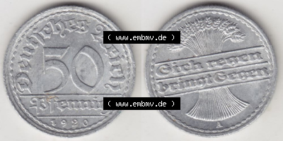 Weimarer Republik Umlaufmünze 1919-1922, 50 Pfennig A, 1920 Sich Regen Bringt Segen, Münzen Vollansicht Horizontal zum Download Sammlung
