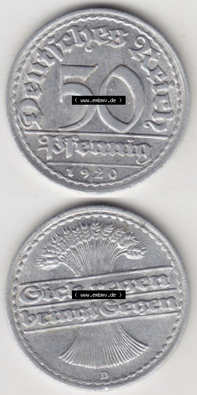 Weimarer Republik Umlaufmünze 1919-1922, 50 Pfennig D, 1920 Sich Regen Bringt Segen, Münzen Vollansicht Vertikal zum Download... Sammlung