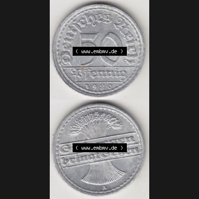 Weimarer Republik Umlaufmünze 1919-1922, 50 Pfennig A, 1920 Sich Regen Bringt Segen, Münzen Vollansicht Vertikal zum Download für Mobile-Geräte Sammlung